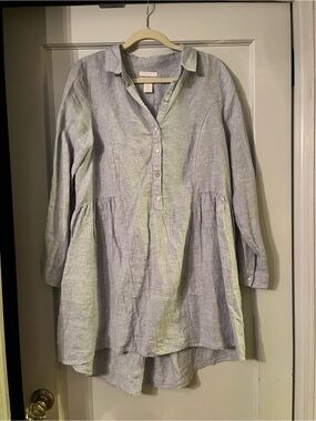 Light Blue Linen Tunic Button-Front Shirt Dress